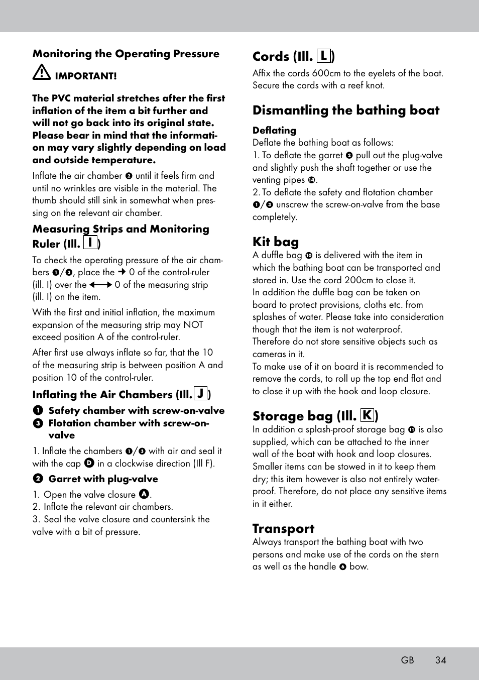 Cords (ill. l ), Dismantling the bathing boat, Kit bag | Storage bag (ill. k ), Transport | Crivit 2-Person Kayak User Manual | Page 33 / 34