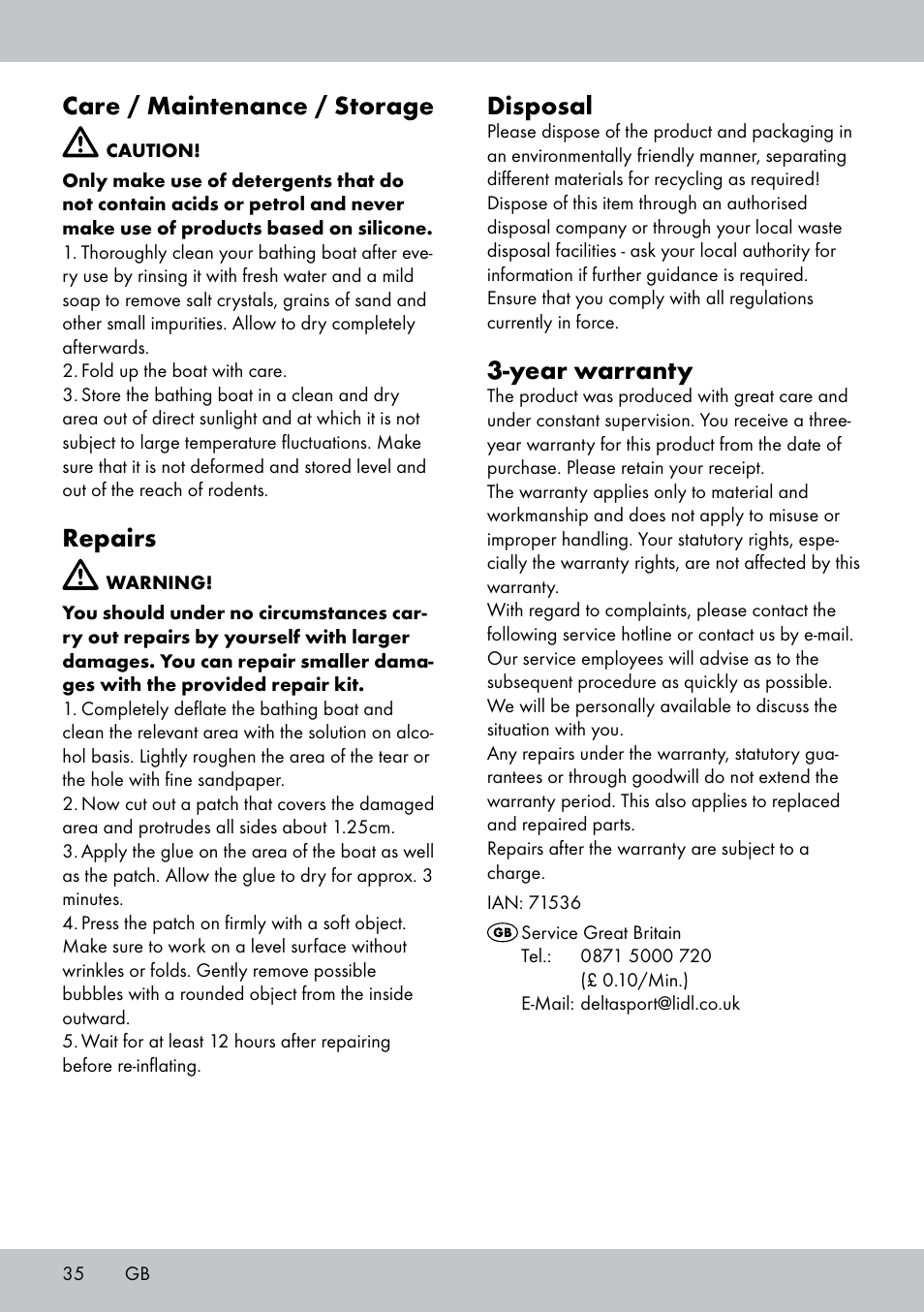 Care / maintenance / storage, Repairs, Disposal | Year warranty | Crivit 2-Person Kayak User Manual | Page 34 / 34