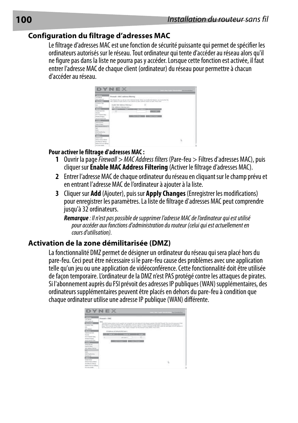 Configuration du filtrage d’adresses mac, Pour activer le filtrage d'adresses mac, Activation de la zone démilitarisée (dmz) | Dynex DX-WEGRTR User Manual | Page 100 / 200