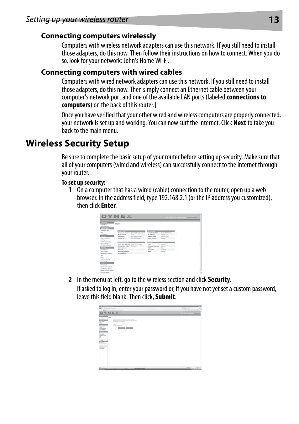 Connecting computers wirelessly, Connecting computers with wired cables, Wireless security setup | To set up security | Dynex DX-WEGRTR User Manual | Page 13 / 200