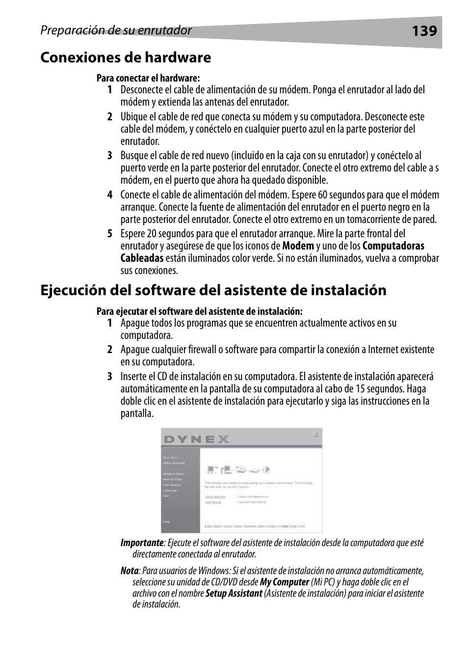 Conexiones de hardware, Para conectar el hardware, 139 conexiones de hardware | Dynex DX-WEGRTR User Manual | Page 139 / 200