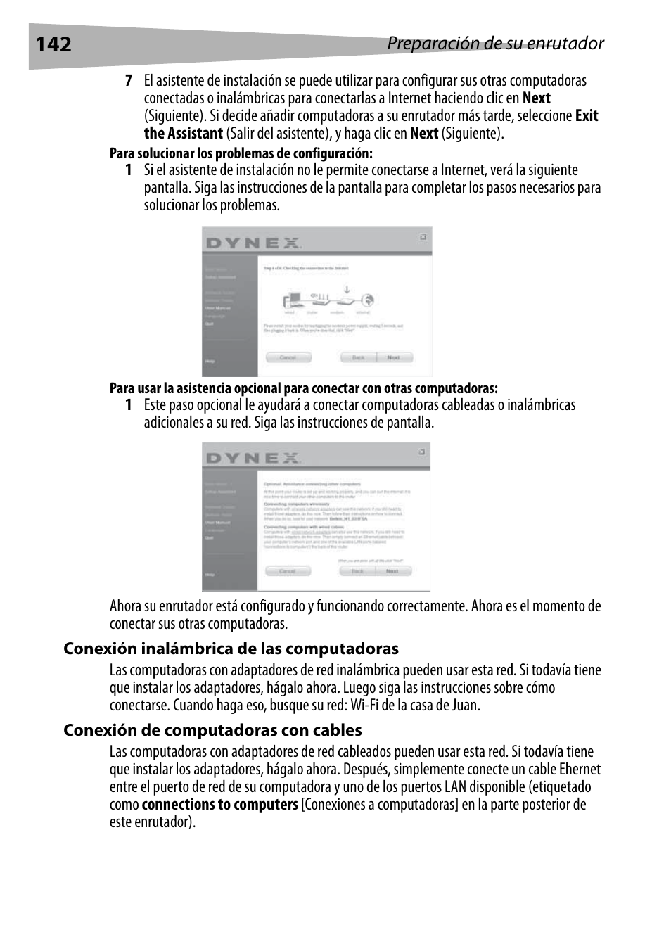 Para solucionar los problemas de configuración, Conexión inalámbrica de las computadoras, Conexión de computadoras con cables | Dynex DX-WEGRTR User Manual | Page 142 / 200