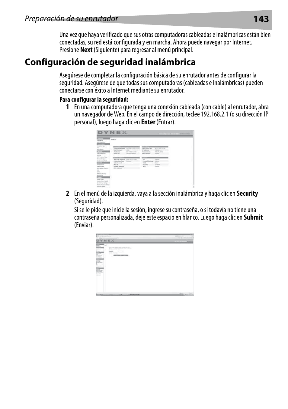 Configuración de seguridad inalámbrica, Para configurar la seguridad | Dynex DX-WEGRTR User Manual | Page 143 / 200