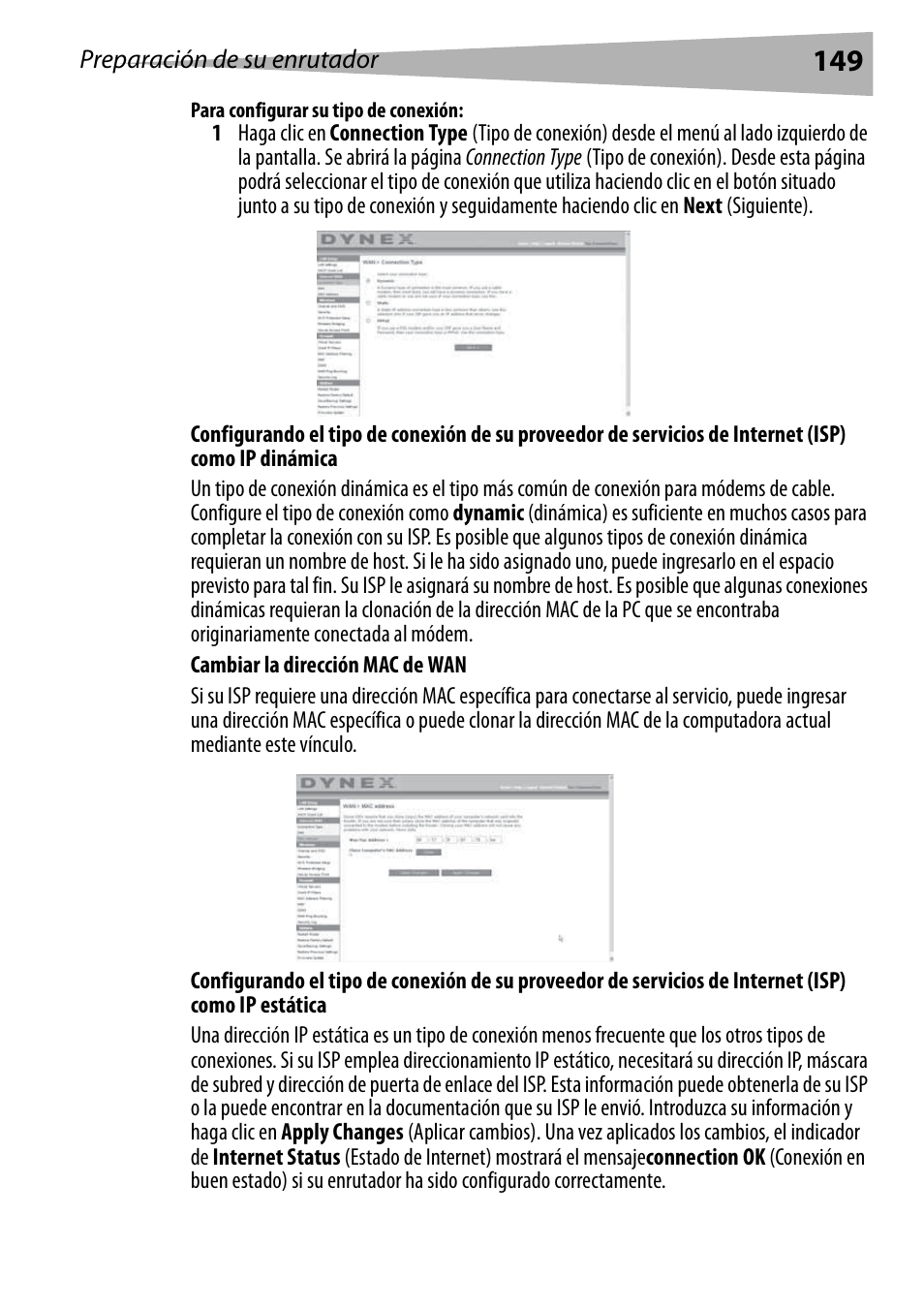 Para configurar su tipo de conexión | Dynex DX-WEGRTR User Manual | Page 149 / 200