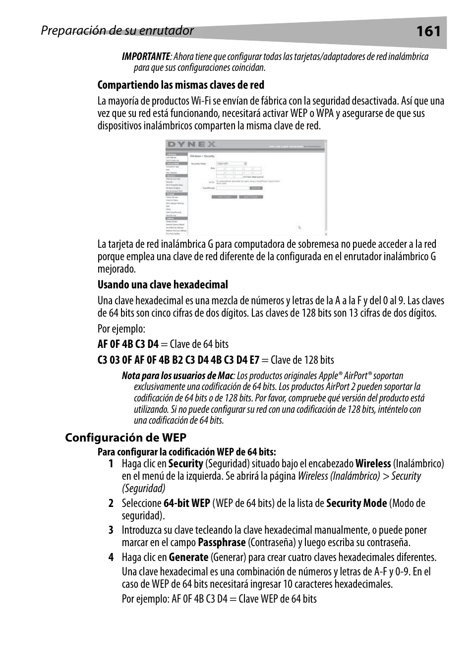 Configuración de wep, Para configurar la codificación wep de 64 bits | Dynex DX-WEGRTR User Manual | Page 161 / 200