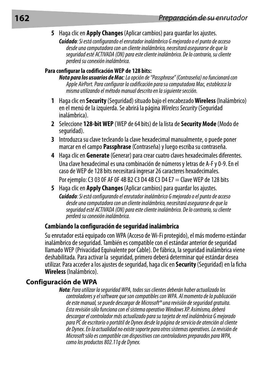 Para configurar la codificación wep de 128 bits, Configuración de wpa | Dynex DX-WEGRTR User Manual | Page 162 / 200
