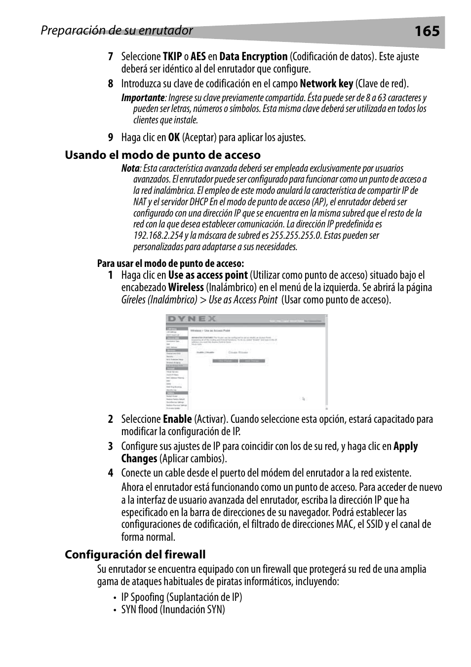 Usando el modo de punto de acceso, Para usar el modo de punto de acceso, Configuración del firewall | Dynex DX-WEGRTR User Manual | Page 165 / 200