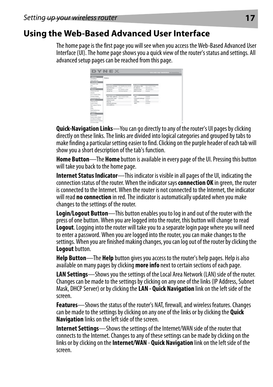 Using the web-based advanced user interface, 17 using the web-based advanced user interface | Dynex DX-WEGRTR User Manual | Page 17 / 200