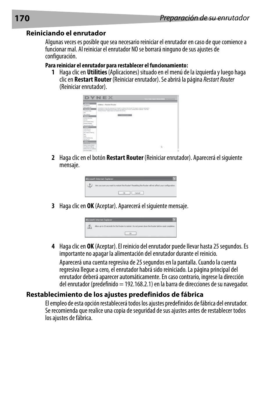 Reiniciando el enrutador | Dynex DX-WEGRTR User Manual | Page 170 / 200