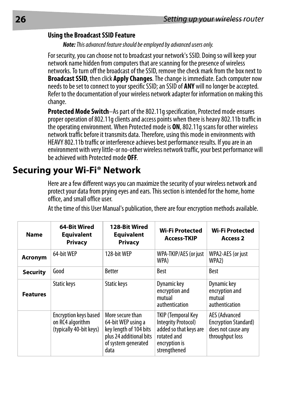 Securing your wi-fi® network, Setting up your wireless router | Dynex DX-WEGRTR User Manual | Page 26 / 200