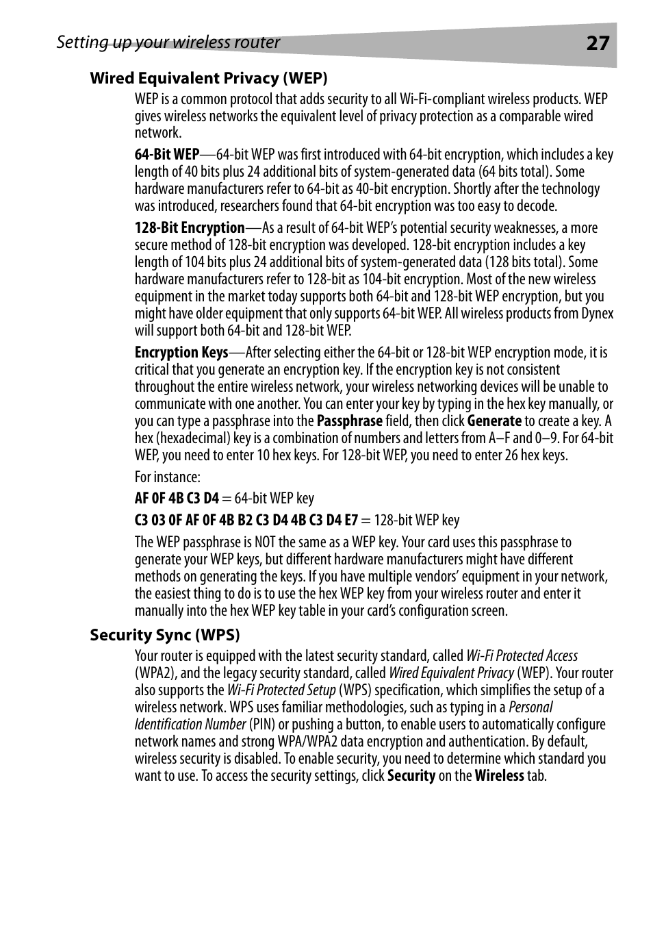 Wired equivalent privacy (wep), Security sync (wps) | Dynex DX-WEGRTR User Manual | Page 27 / 200