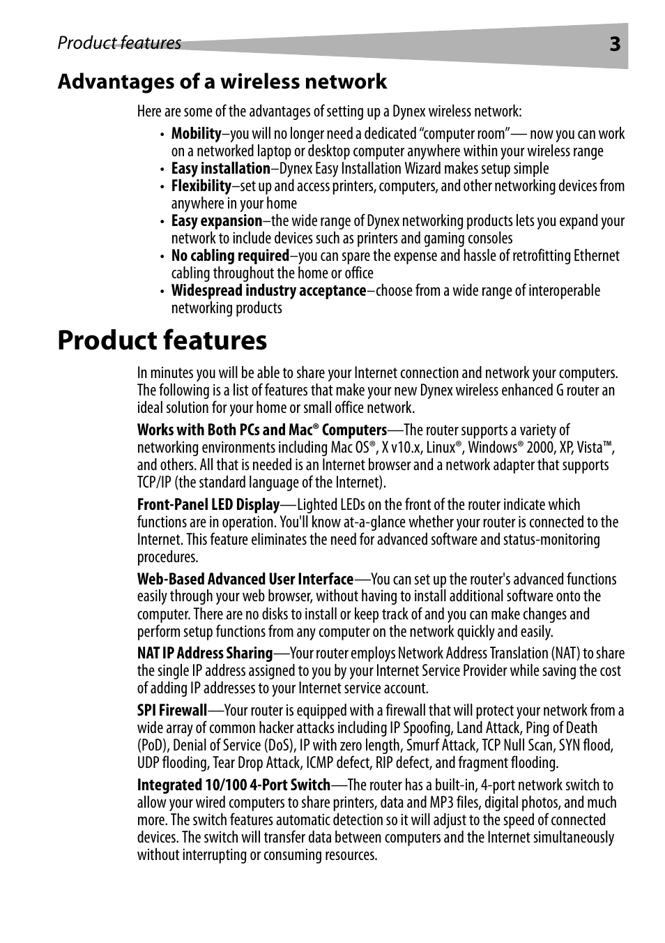 Advantages of a wireless network, Product features, 3advantages of a wireless network | Dynex DX-WEGRTR User Manual | Page 3 / 200
