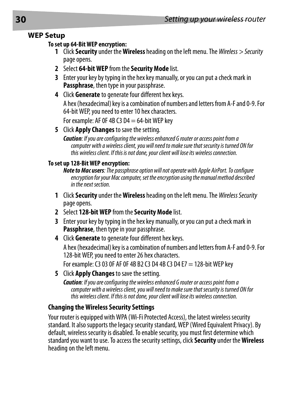 Wep setup, To set up 64-bit wep encryption, To set up 128-bit wep encryption | Dynex DX-WEGRTR User Manual | Page 30 / 200