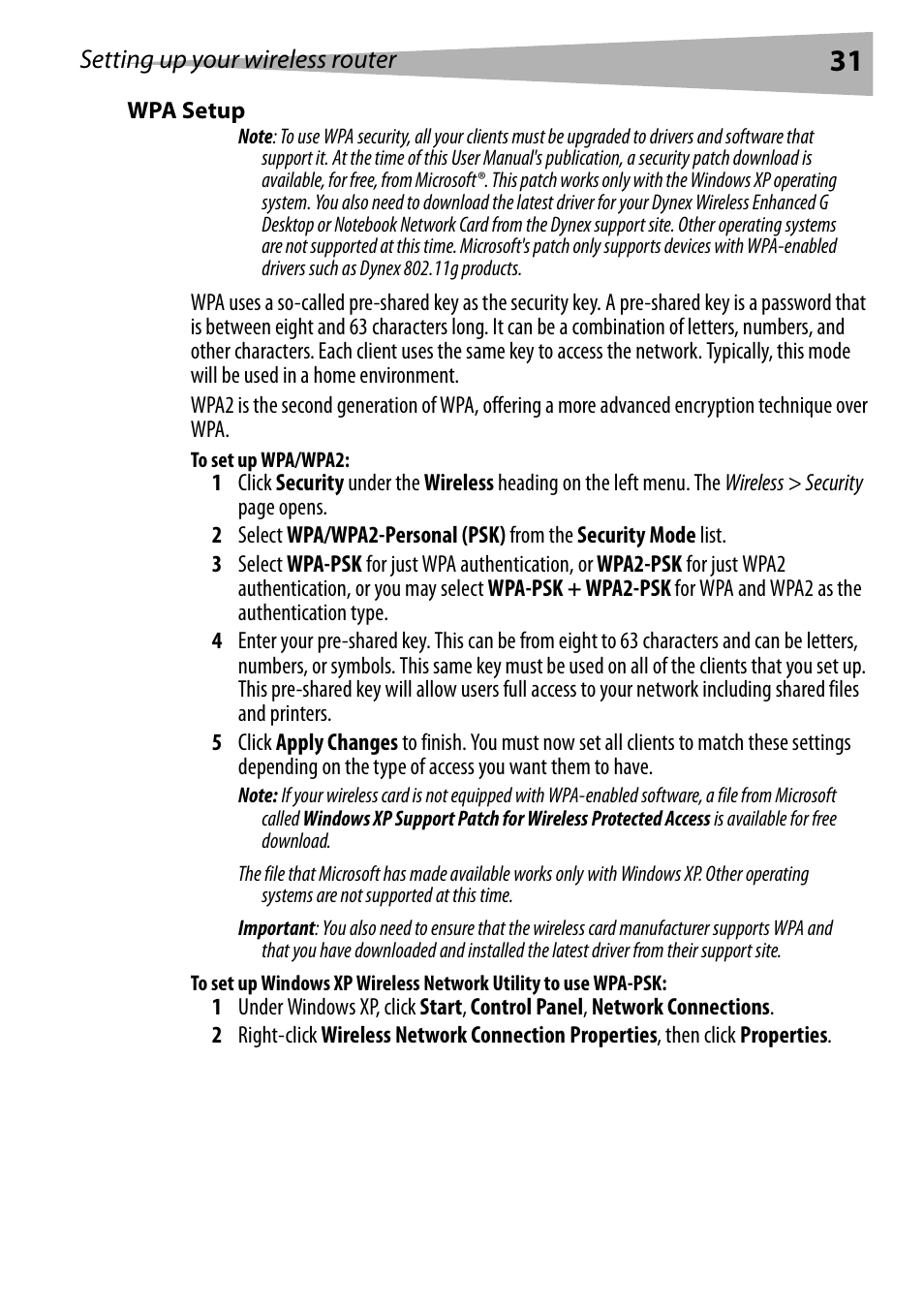 Wpa setup, To set up wpa/wpa2, Setting up your wireless router | Dynex DX-WEGRTR User Manual | Page 31 / 200