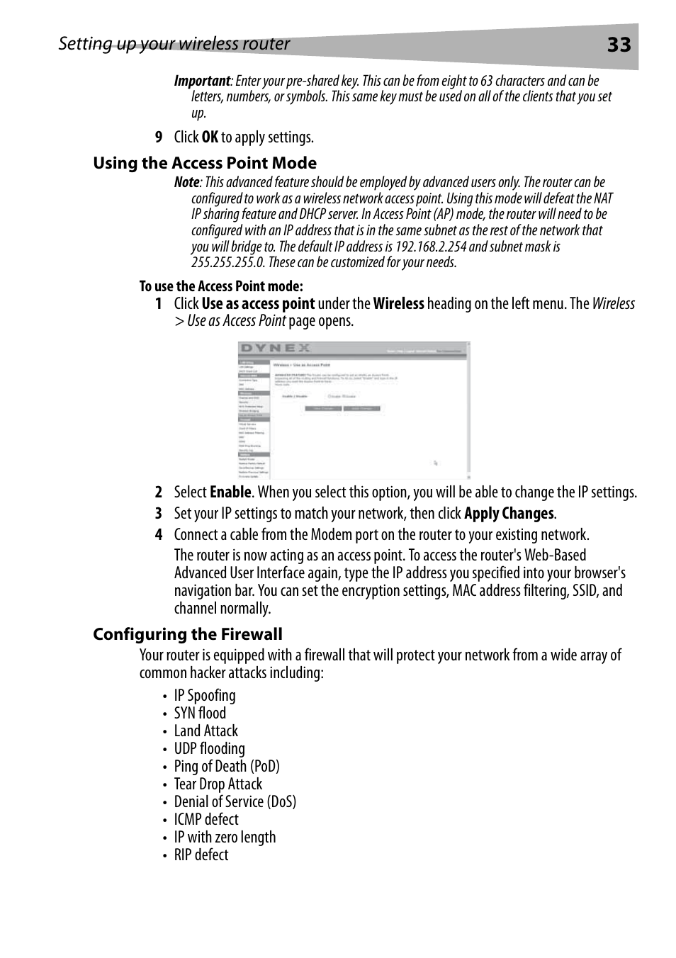 Using the access point mode, To use the access point mode, Configuring the firewall | Dynex DX-WEGRTR User Manual | Page 33 / 200