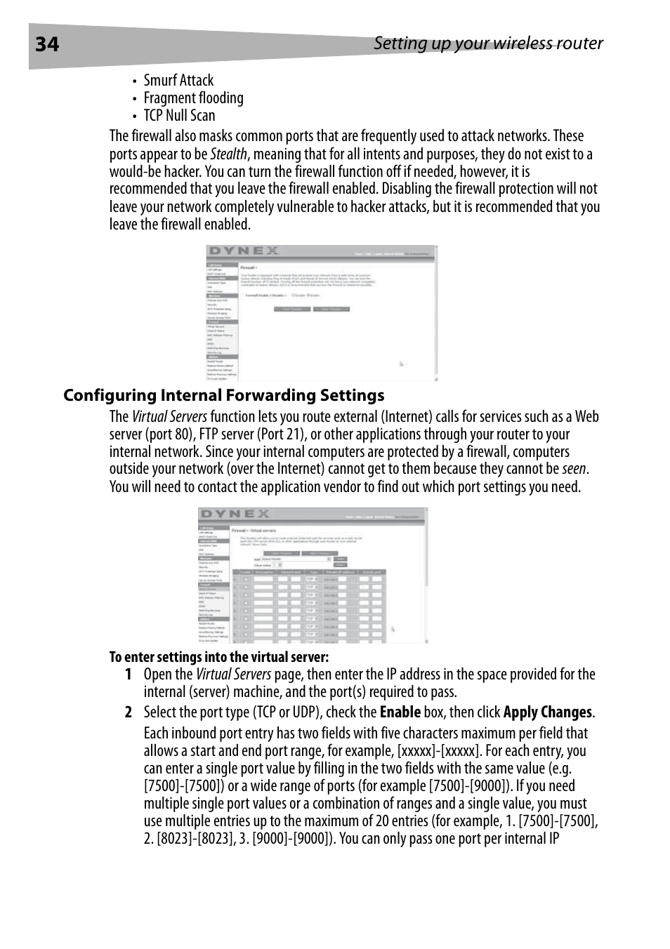 Configuring internal forwarding settings, To enter settings into the virtual server | Dynex DX-WEGRTR User Manual | Page 34 / 200