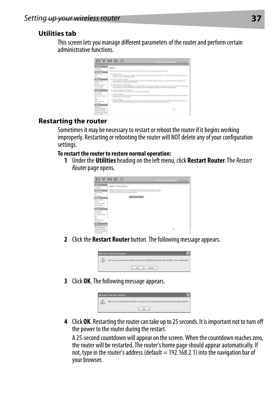 Utilities tab, Restarting the router, To restart the router to restore normal operation | Dynex DX-WEGRTR User Manual | Page 37 / 200