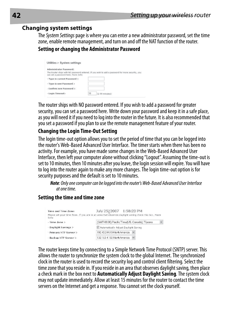 Changing system settings, Changing the login time-out setting | Dynex DX-WEGRTR User Manual | Page 42 / 200