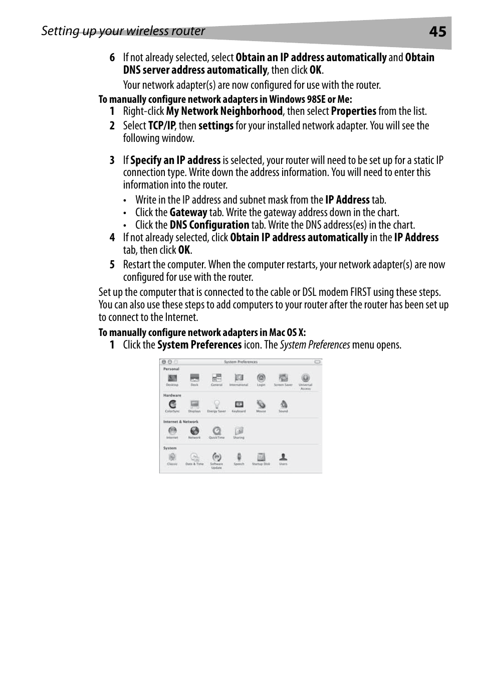 To manually configure network adapters in mac os x | Dynex DX-WEGRTR User Manual | Page 45 / 200