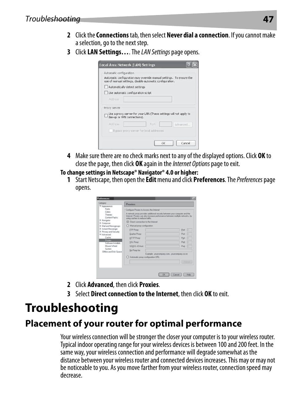 Troubleshooting, Placement of your router for optimal performance, Ge 47 | Dynex DX-WEGRTR User Manual | Page 47 / 200