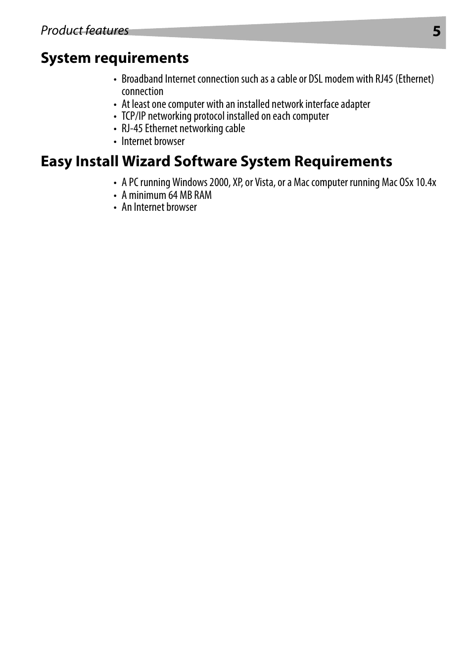 System requirements, Easy install wizard software system requirements, 5system requirements | Dynex DX-WEGRTR User Manual | Page 5 / 200