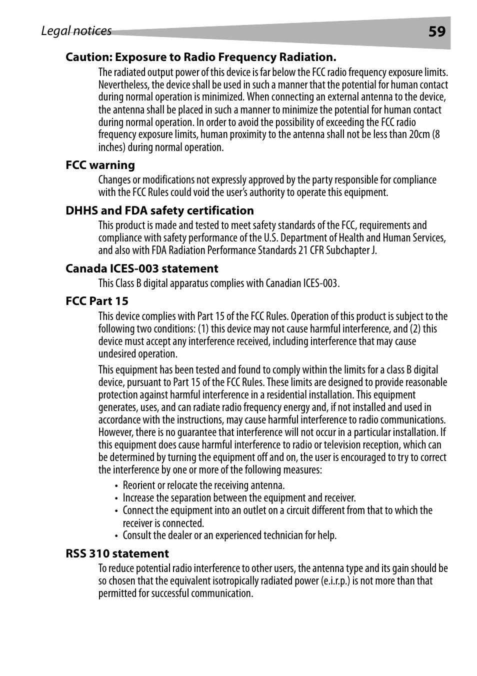 Caution: exposure to radio frequency radiation, Fcc warning, Dhhs and fda safety certification | Canada ices-003 statement, Fcc part 15, Rss 310 statement | Dynex DX-WEGRTR User Manual | Page 59 / 200