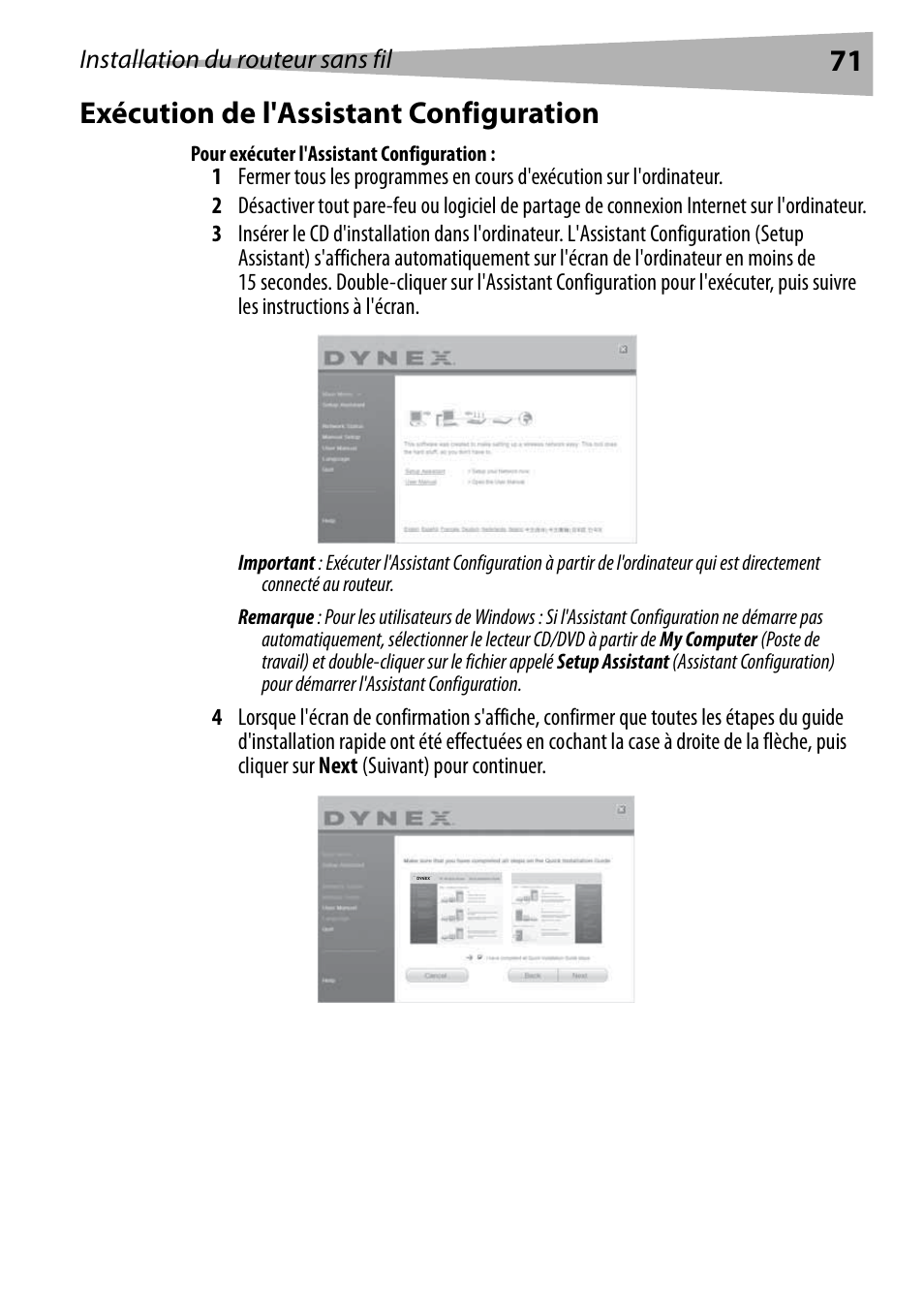 Exécution de l'assistant configuration, Pour exécuter l'assistant configuration, 71 exécution de l'assistant configuration | Installation du routeur sans fil | Dynex DX-WEGRTR User Manual | Page 71 / 200