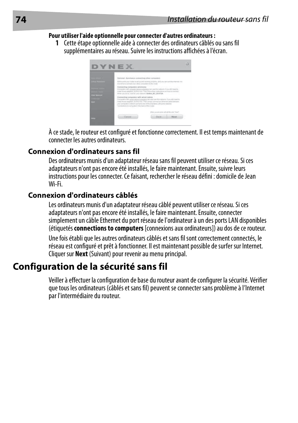 Connexion d'ordinateurs sans fil, Connexion d'ordinateurs câblés, Configuration de la sécurité sans fil | Dynex DX-WEGRTR User Manual | Page 74 / 200