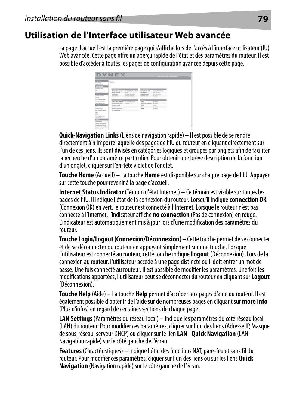 Utilisation de l’interface utilisateur web avancée | Dynex DX-WEGRTR User Manual | Page 79 / 200