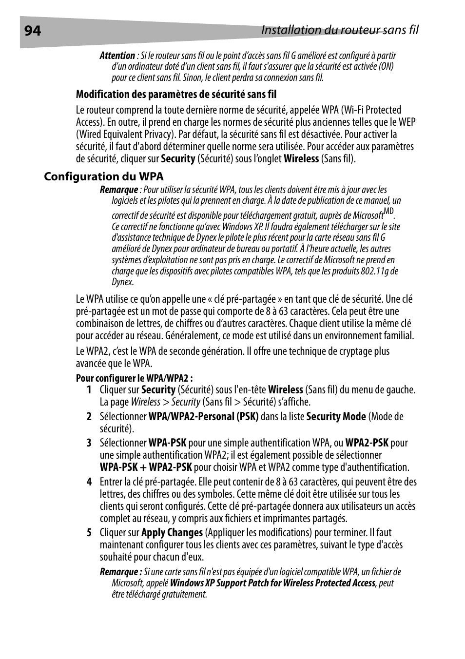 Configuration du wpa, Pour configurer le wpa/wpa2, Installation du routeur sans fil | Dynex DX-WEGRTR User Manual | Page 94 / 200