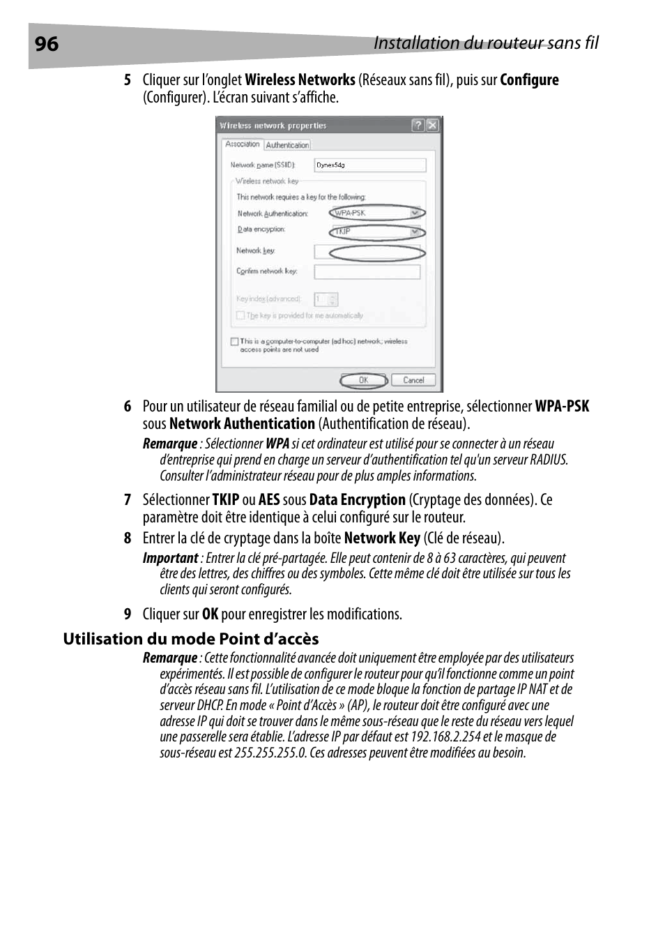 Utilisation du mode point d’accès | Dynex DX-WEGRTR User Manual | Page 96 / 200