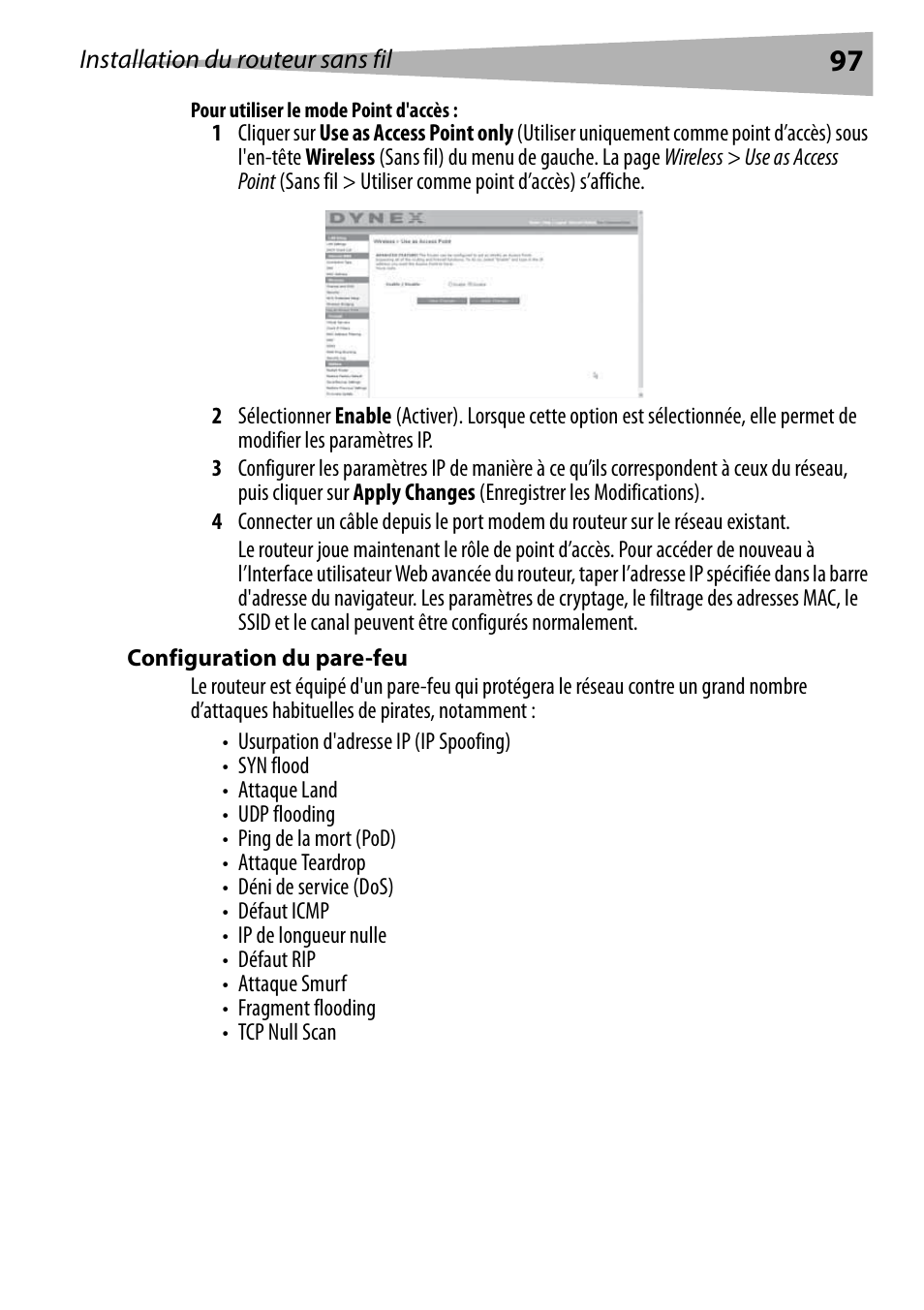 Pour utiliser le mode point d'accès, Configuration du pare-feu | Dynex DX-WEGRTR User Manual | Page 97 / 200