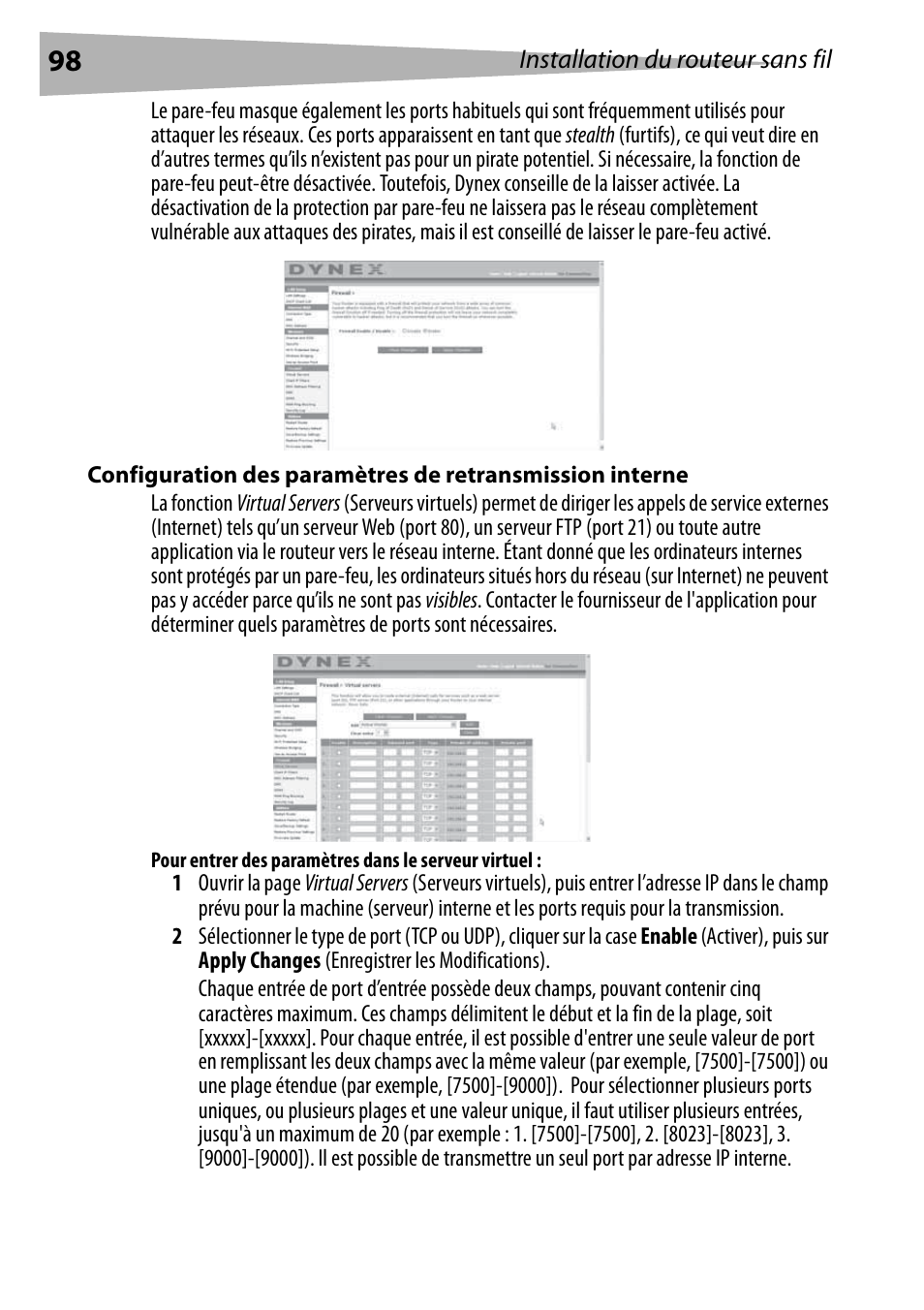 Pour entrer des paramètres dans le serveur virtuel | Dynex DX-WEGRTR User Manual | Page 98 / 200