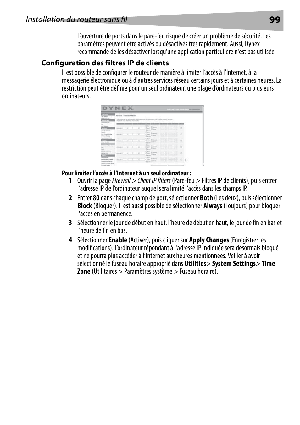 Configuration des filtres ip de clients | Dynex DX-WEGRTR User Manual | Page 99 / 200