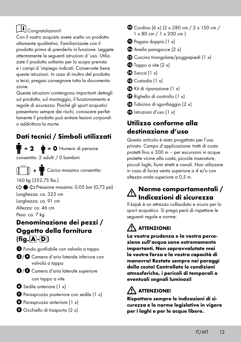 Dati tecnici / simboli utilizzati, Utilizzo conforme alla destinazione d’uso, Norme comportamentali / indicazioni di sicurezza | Crivit 2-Person Kayak User Manual | Page 11 / 38