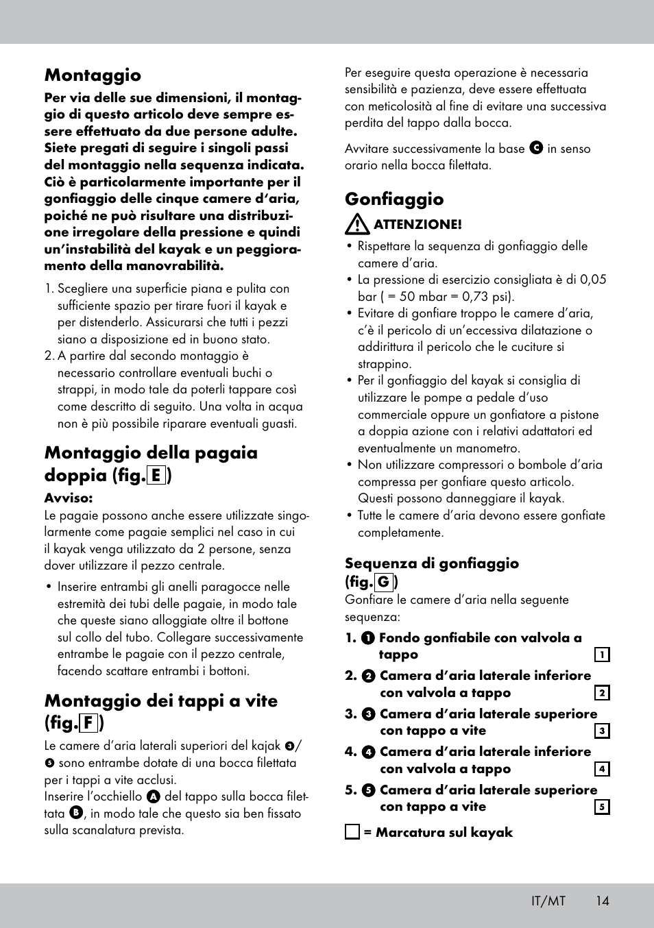 Montaggio, Montaggio della pagaia doppia (fig. e ), Montaggio dei tappi a vite (fig. f ) | Gonfiaggio | Crivit 2-Person Kayak User Manual | Page 13 / 38