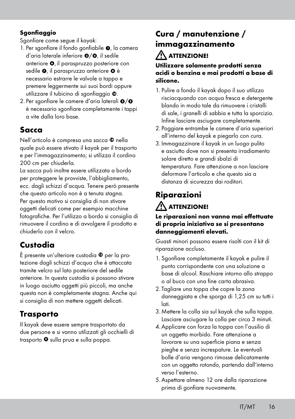 Sacca, Custodia, Trasporto | Cura / manutenzione / immagazzinamento, Riparazioni | Crivit 2-Person Kayak User Manual | Page 15 / 38