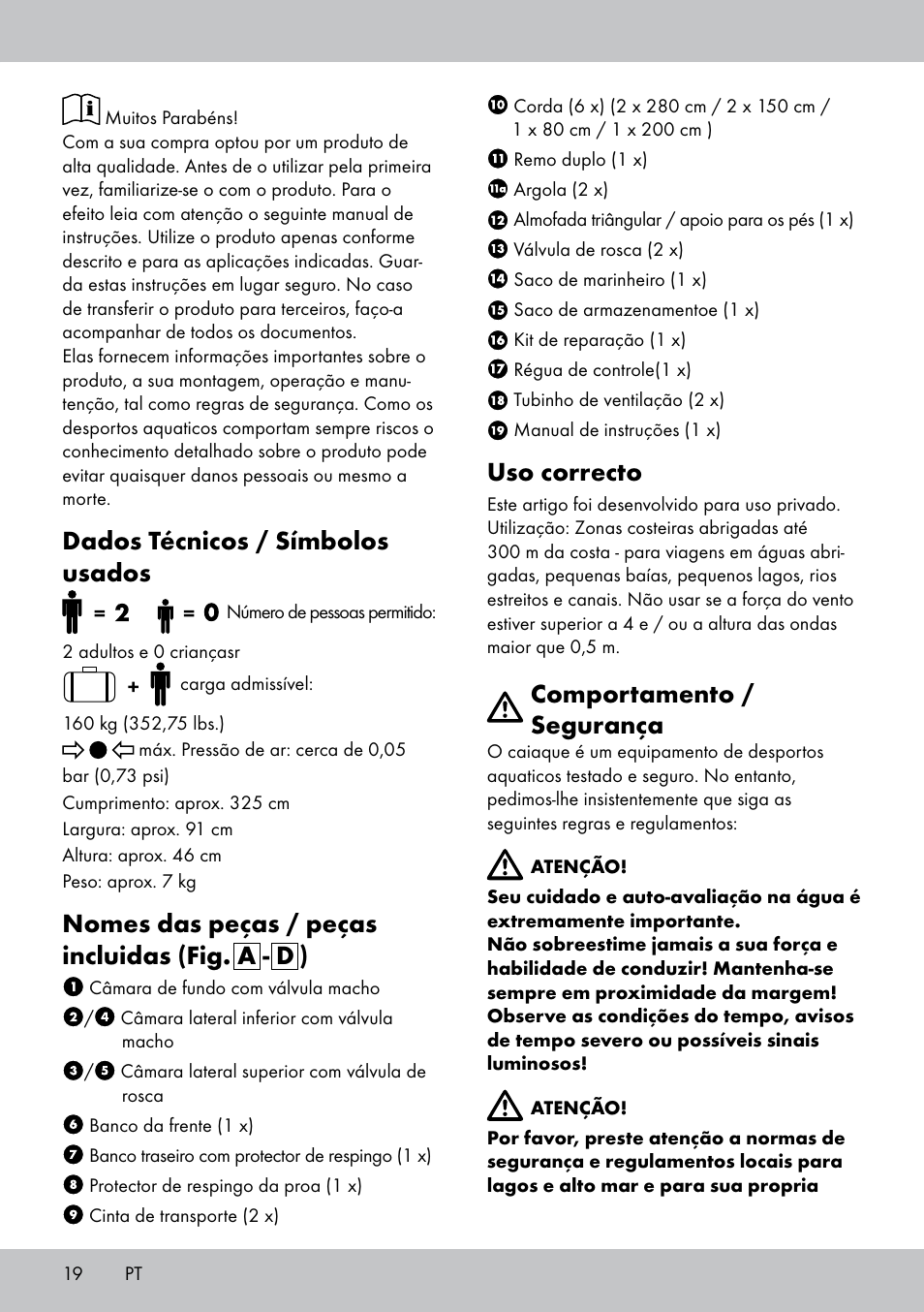 Dados técnicos / símbolos usados, Nomes das peças / peças incluidas (fig. a - d ), Uso correcto | Comportamento / segurança | Crivit 2-Person Kayak User Manual | Page 18 / 38