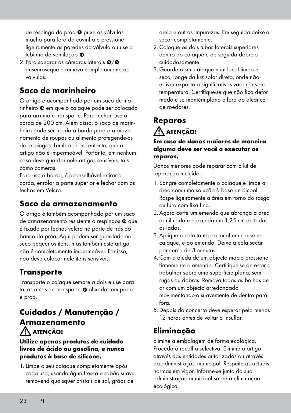 Saco de marinheiro, Saco de armazenamento, Transporte | Cuidados / manutenção / armazenamento, Reparos, Eliminação | Crivit 2-Person Kayak User Manual | Page 22 / 38