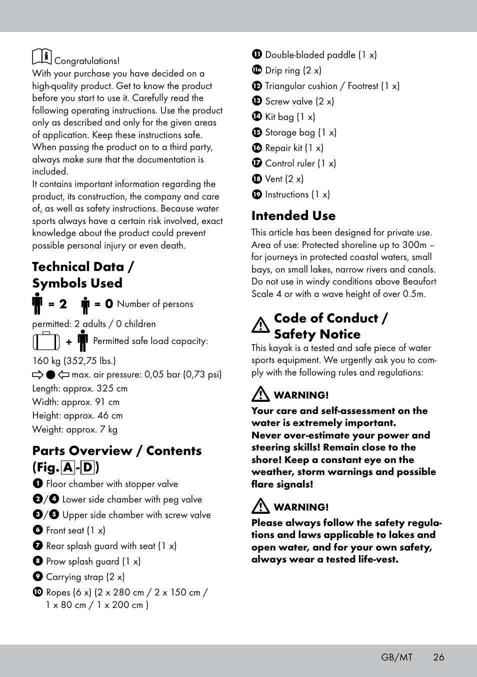 Technical data / symbols used, Parts overview / contents (fig. a - d ), Intended use | Code of conduct / safety notice | Crivit 2-Person Kayak User Manual | Page 25 / 38