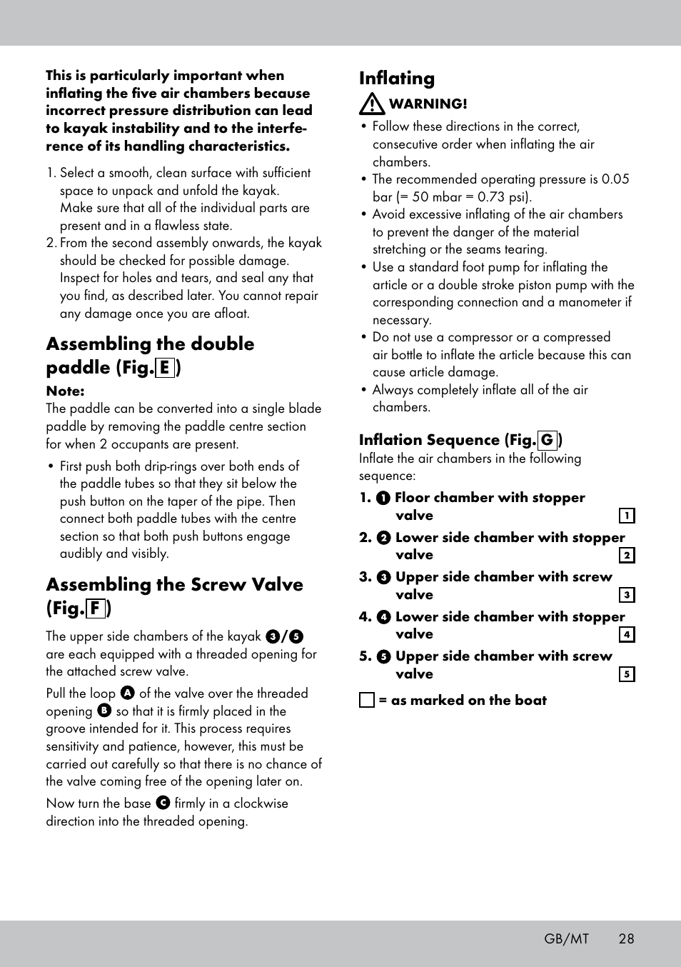 Assembling the double paddle (fig. e ), Assembling the screw valve (fig. f ), Inflating | Crivit 2-Person Kayak User Manual | Page 27 / 38