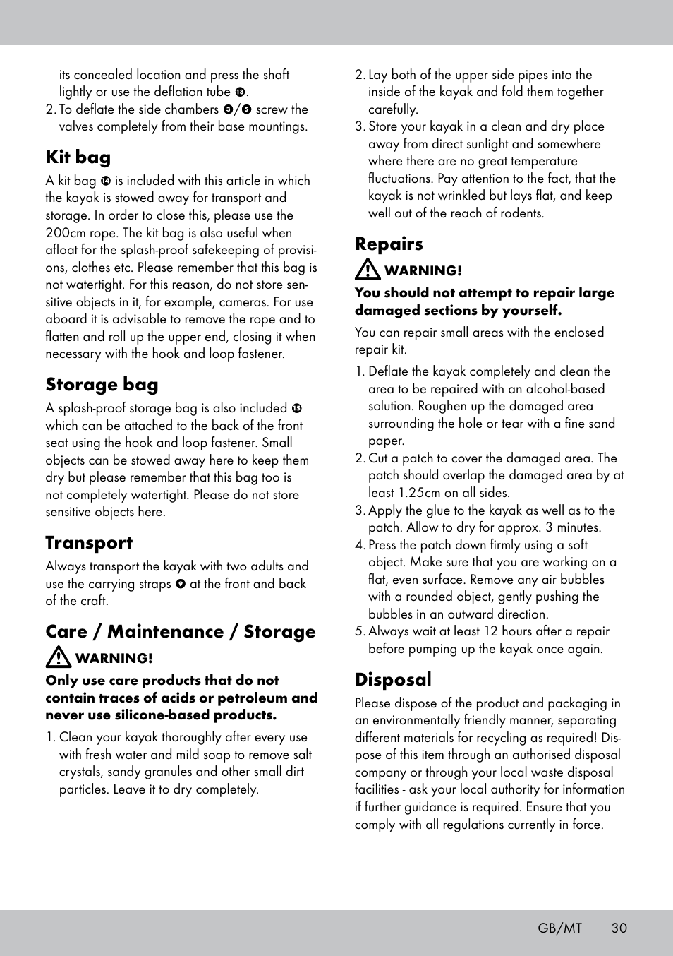 Kit bag, Storage bag, Transport | Care / maintenance / storage, Repairs, Disposal | Crivit 2-Person Kayak User Manual | Page 29 / 38