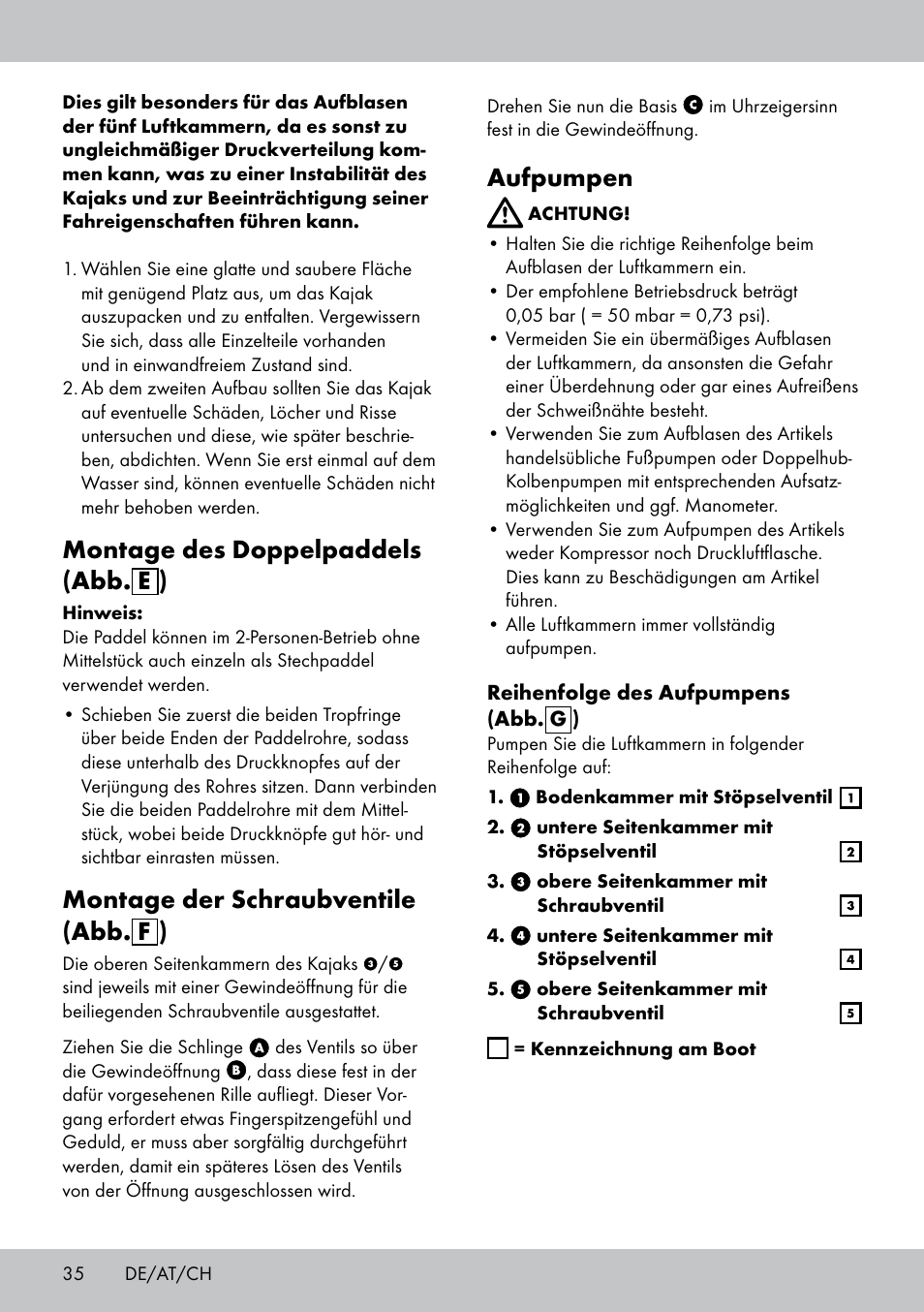 Montage des doppelpaddels (abb. e ), Montage der schraubventile (abb. f ), Aufpumpen | Crivit 2-Person Kayak User Manual | Page 34 / 38