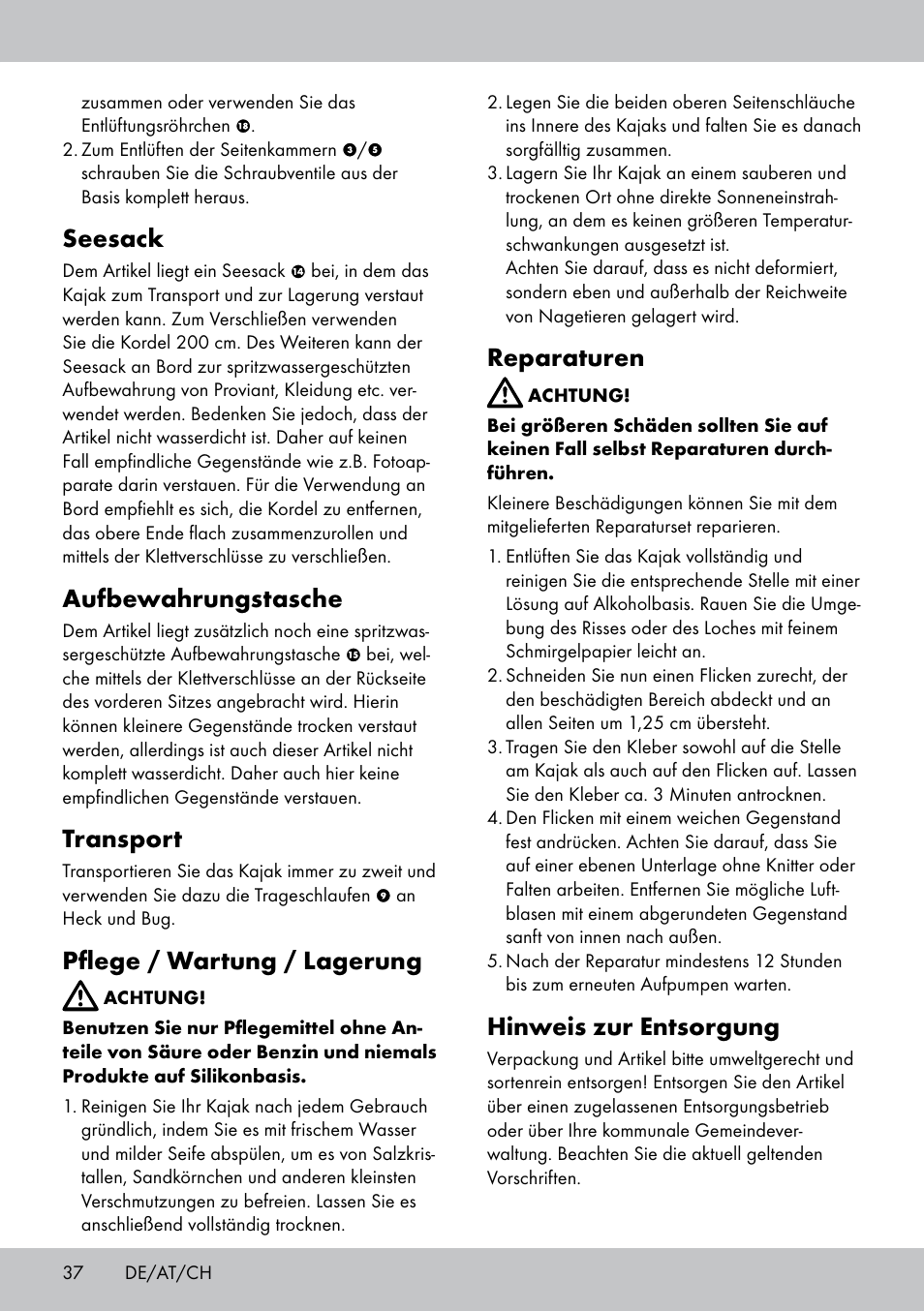 Seesack, Aufbewahrungstasche, Transport | Pflege / wartung / lagerung, Reparaturen, Hinweis zur entsorgung | Crivit 2-Person Kayak User Manual | Page 36 / 38