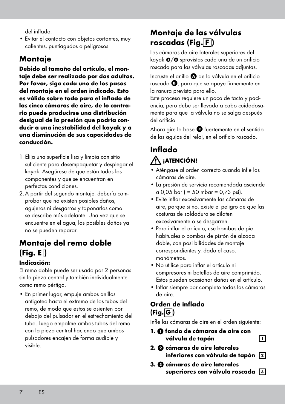 Montaje, Montaje del remo doble (fig. e ), Montaje de las válvulas roscadas (fig. f ) | Inflado | Crivit 2-Person Kayak User Manual | Page 6 / 38