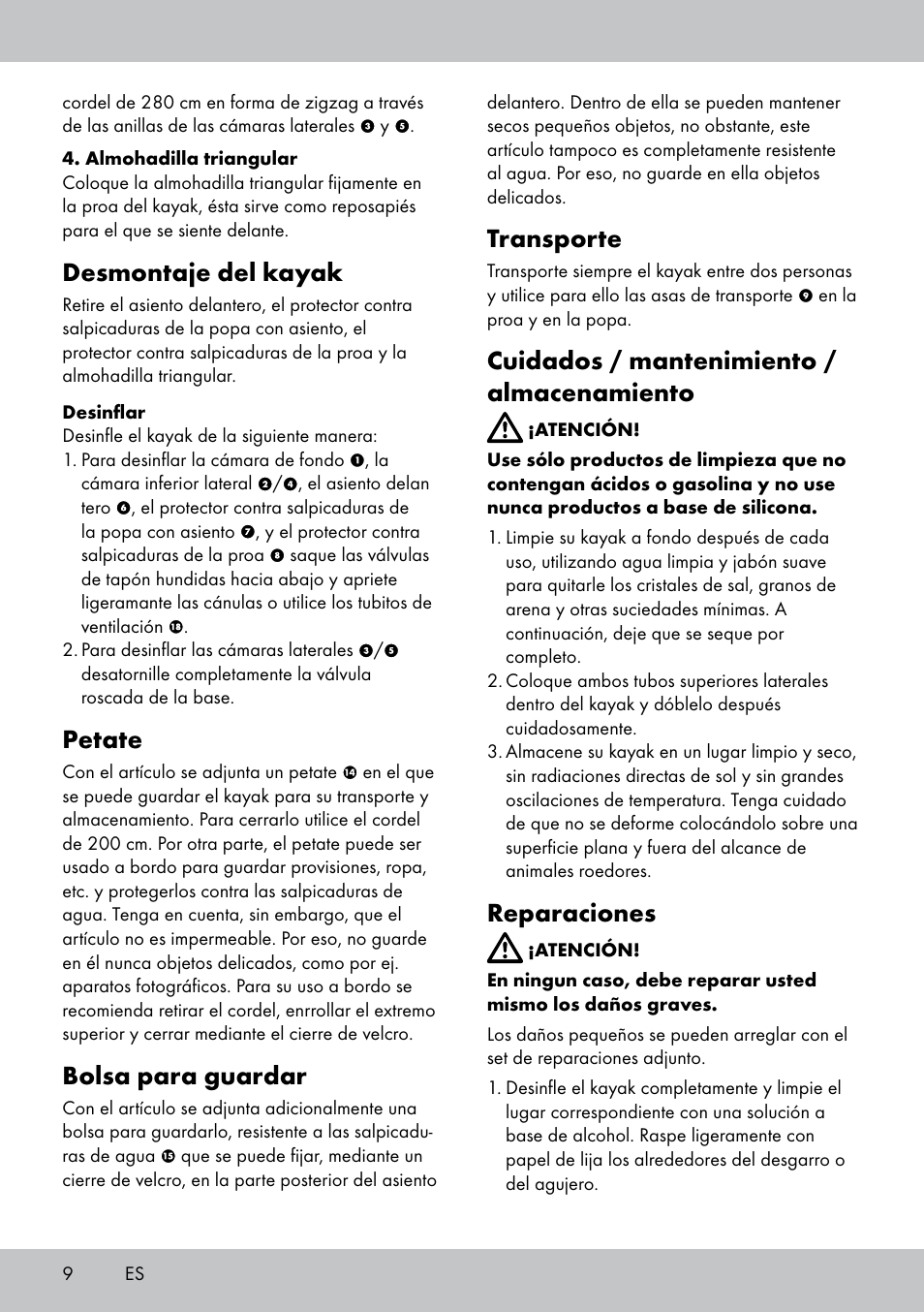 Desmontaje del kayak, Petate, Bolsa para guardar | Transporte, Cuidados / mantenimiento / almacenamiento, Reparaciones | Crivit 2-Person Kayak User Manual | Page 8 / 38