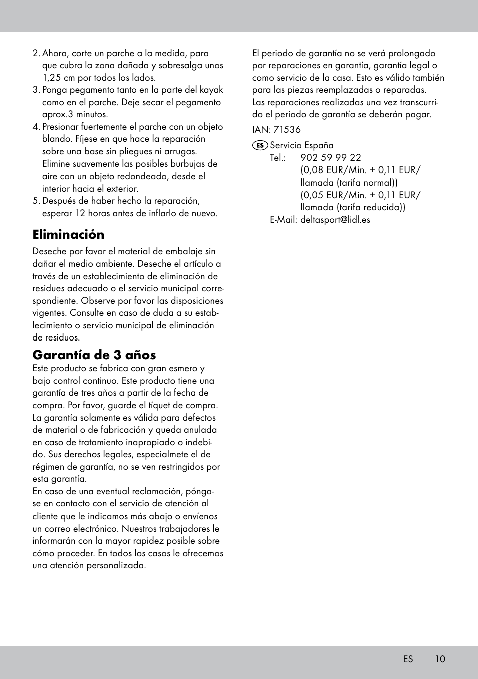 Eliminación, Garantía de 3 años | Crivit 2-Person Kayak User Manual | Page 9 / 38