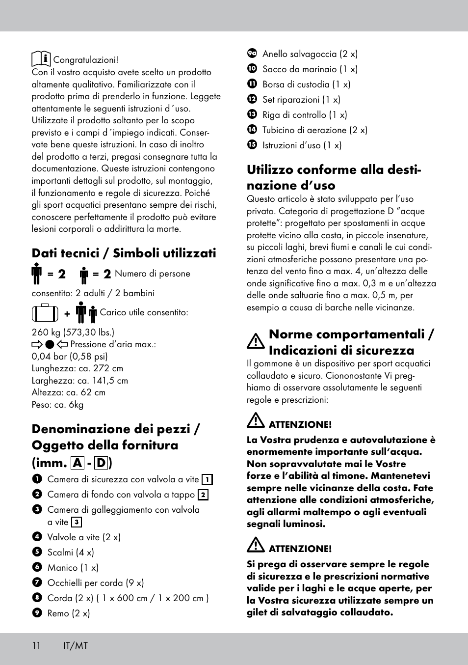 Dati tecnici / simboli utilizzati, Utilizzo conforme alla desti- nazione d’uso, Norme comportamentali / indicazioni di sicurezza | Crivit 2-Person Kayak User Manual | Page 10 / 34