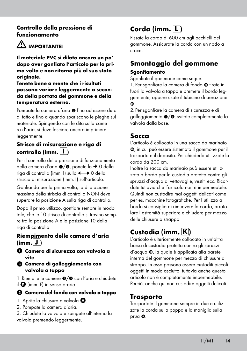 Corda (imm. l ), Smontaggio del gommone, Sacca | Custodia (imm. k ), Trasporto | Crivit 2-Person Kayak User Manual | Page 13 / 34