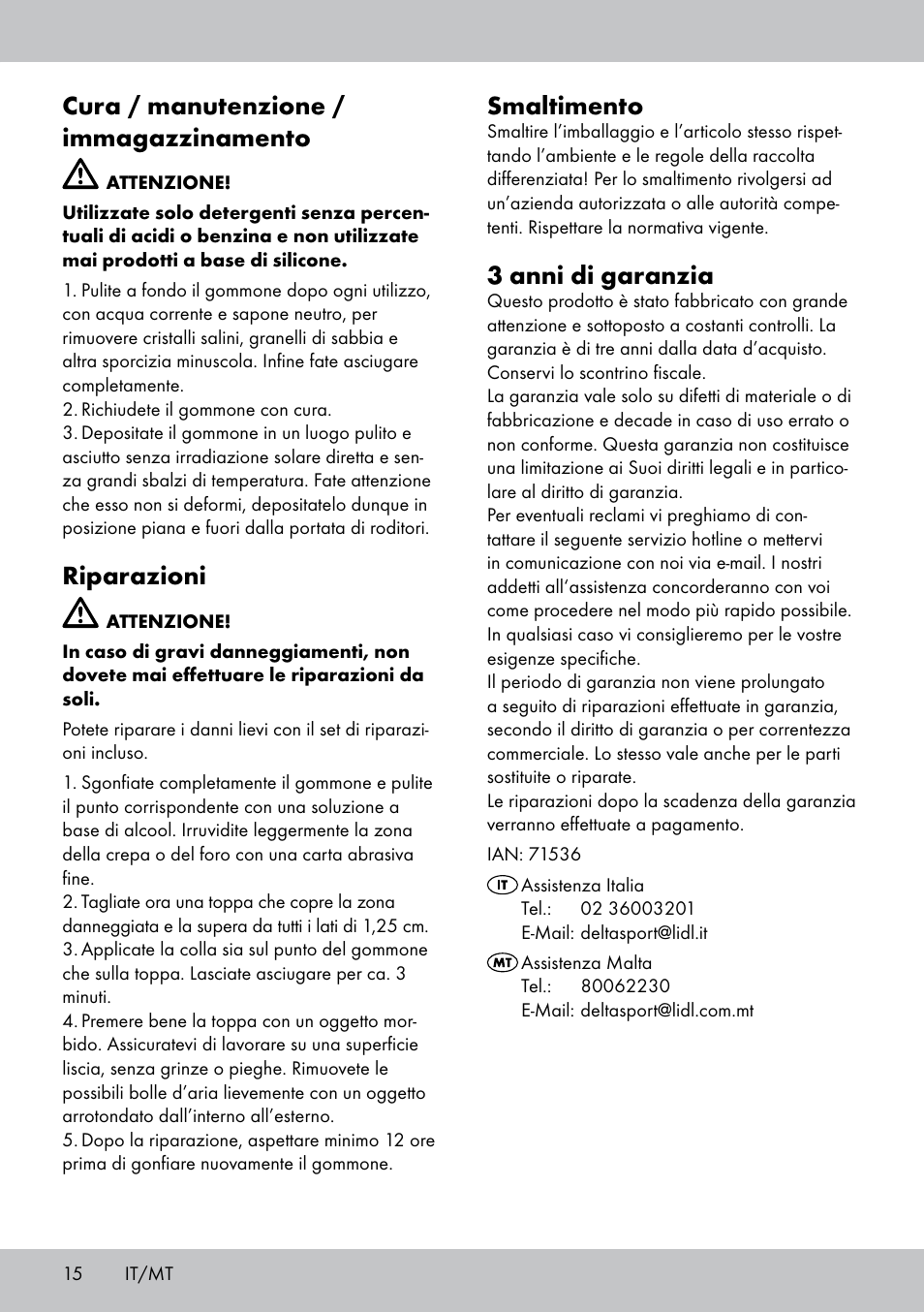 Smaltimento, 3 anni di garanzia, Cura / manutenzione / immagazzinamento | Riparazioni | Crivit 2-Person Kayak User Manual | Page 14 / 34